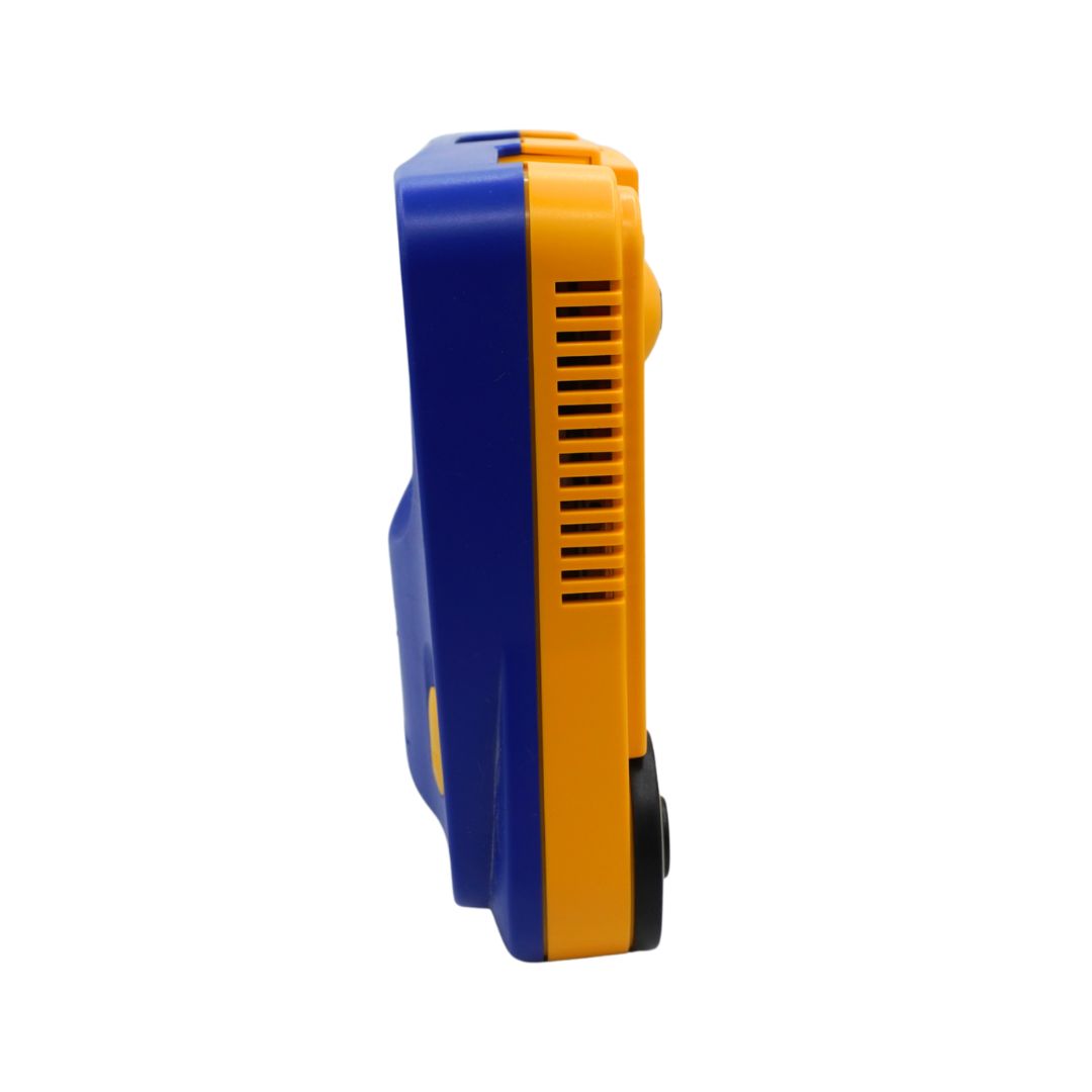 A side view of an N64 featuring a blue and yellow plastic body with a black button, isolated on a white background.