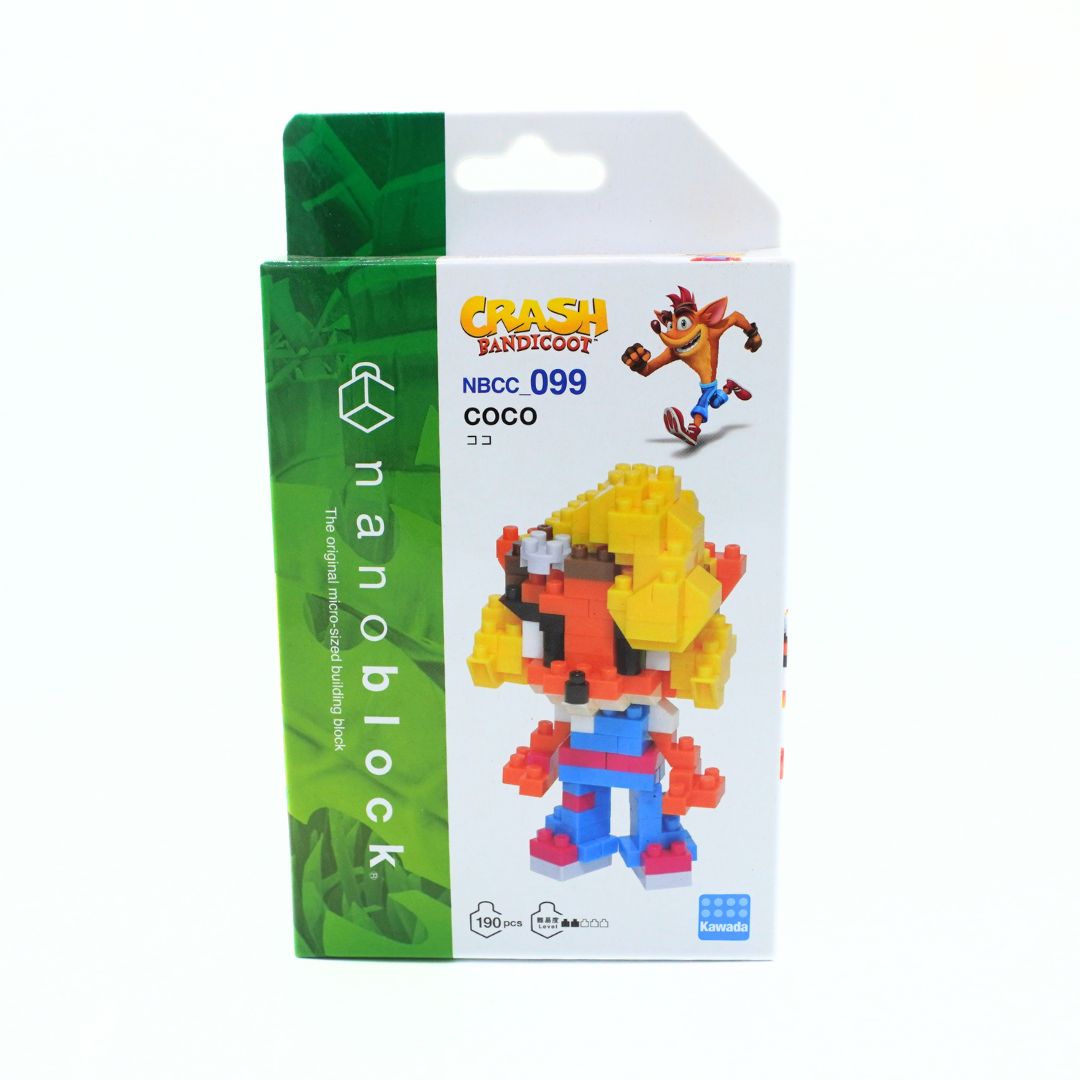 Boxed Crash Bandicoot nano block toy set, model NBCC 099 Coco, featuring a white and green retail package with a 3D-rendered figure of Coco on the front.