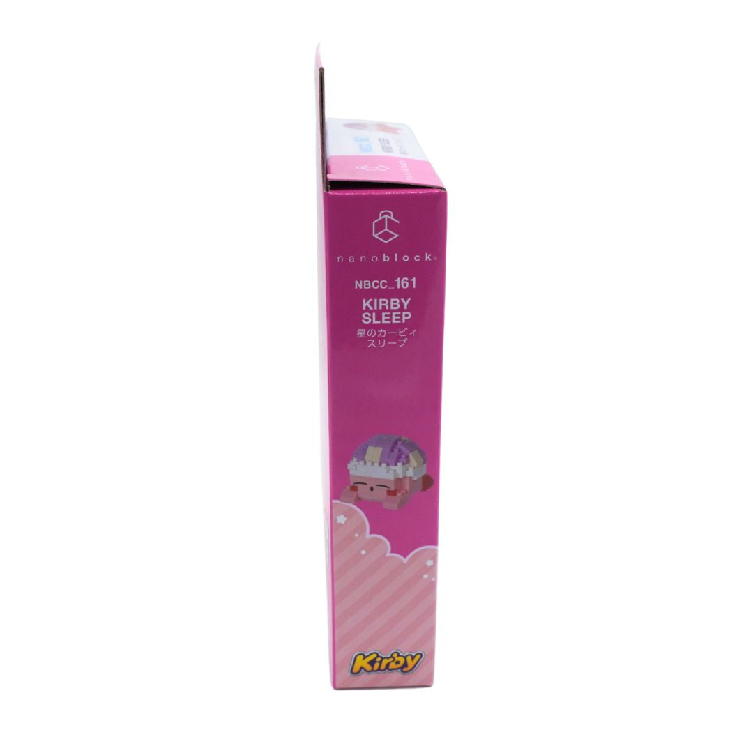 A pink Nanoblocks Kirby Sleep NBCC: 161 building block box, shown standing vertically against a plain white background.