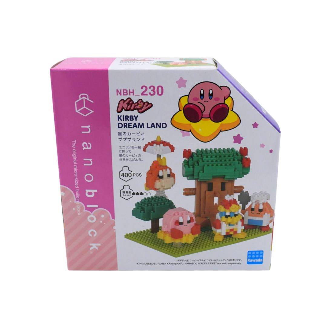 Nintendo Namco Bandai mini-block toy box for Kirby Dream Land NBH-230, featuring a pink and white box with illustrations of Kirby, a treehouse, and small character figures.