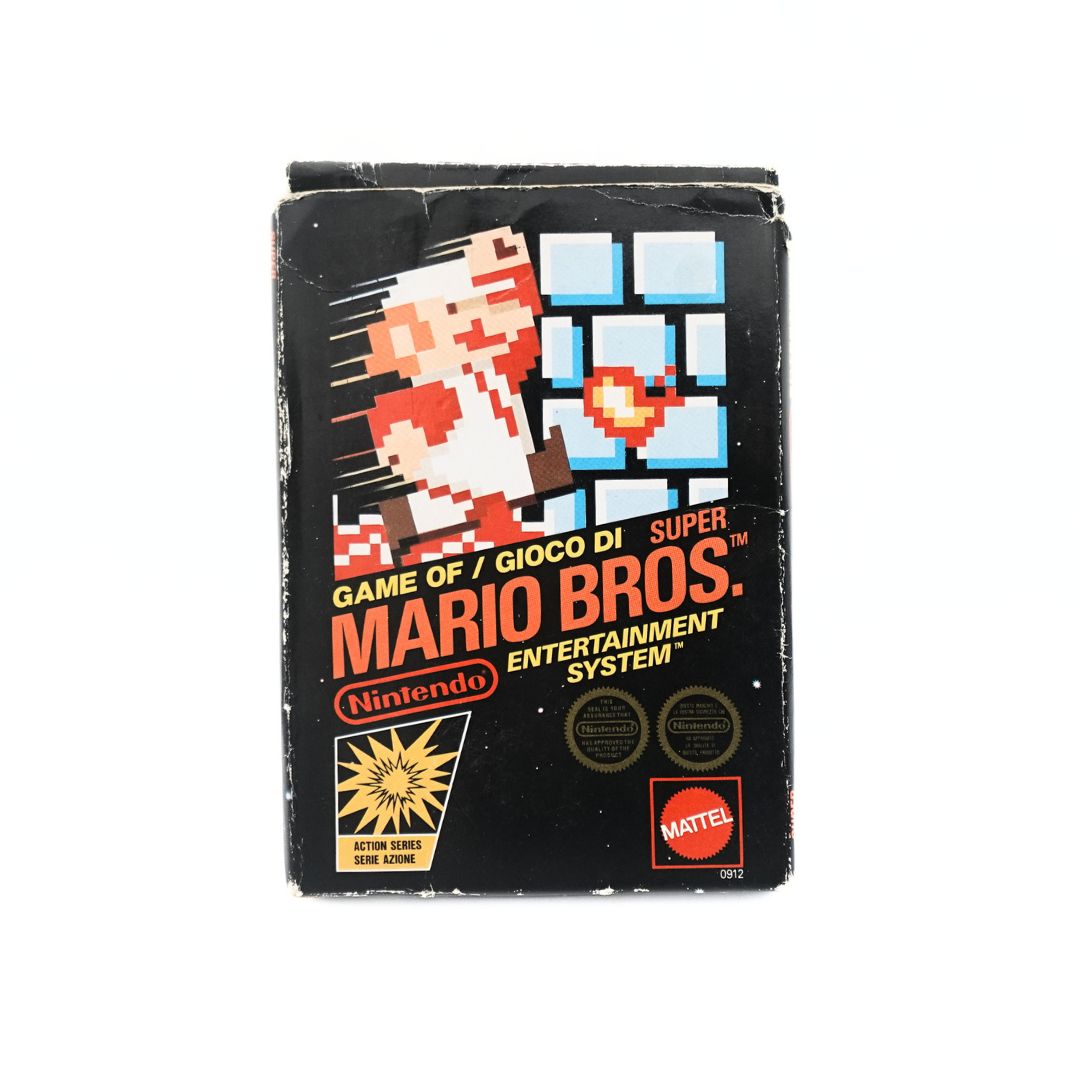 Photo of the 1987 Italian edition NES Super Mario Bros game featuring Mattel branding