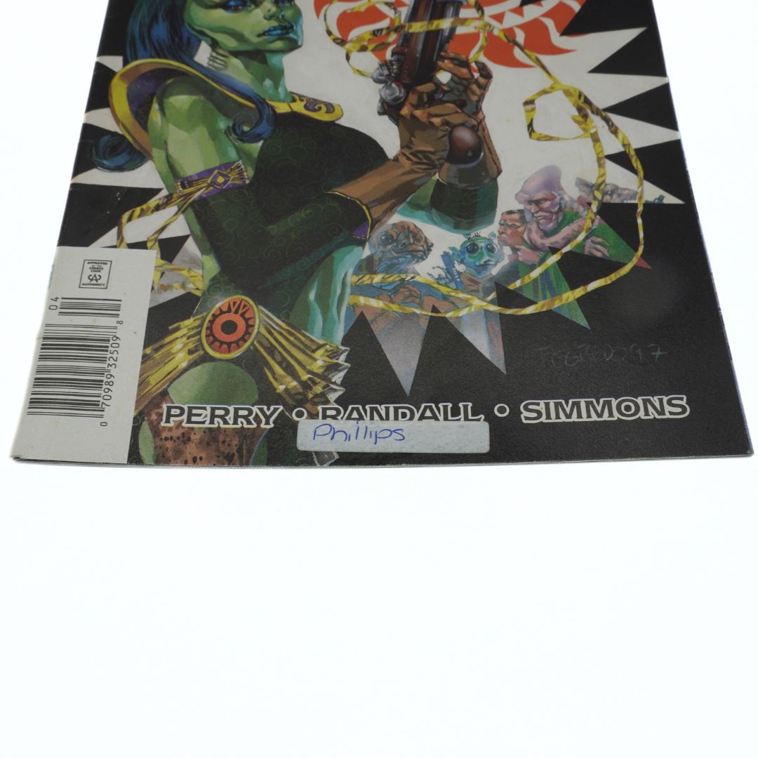 Comic book cover with a green alien character holding a weapon on a white background