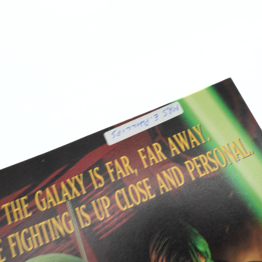 Close-up of a book cover with text about space fighting.