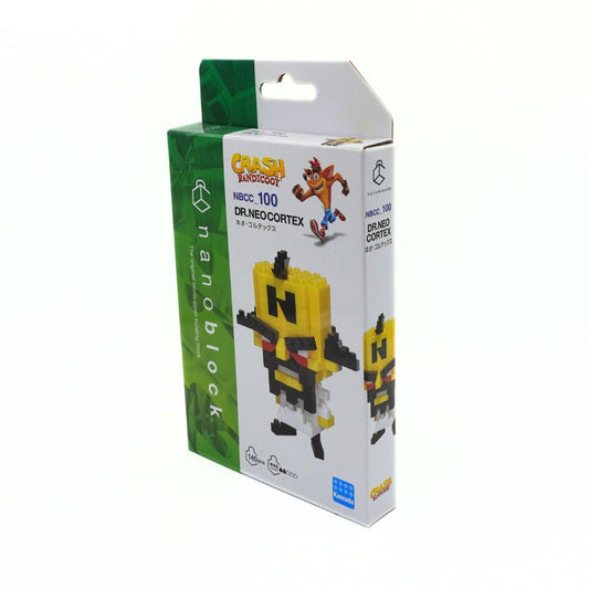 Crash Bandicoot NBCC 100 Dr. Neocortex building block set in its original retail packaging, featuring a white and green box with pixelated character graphics.