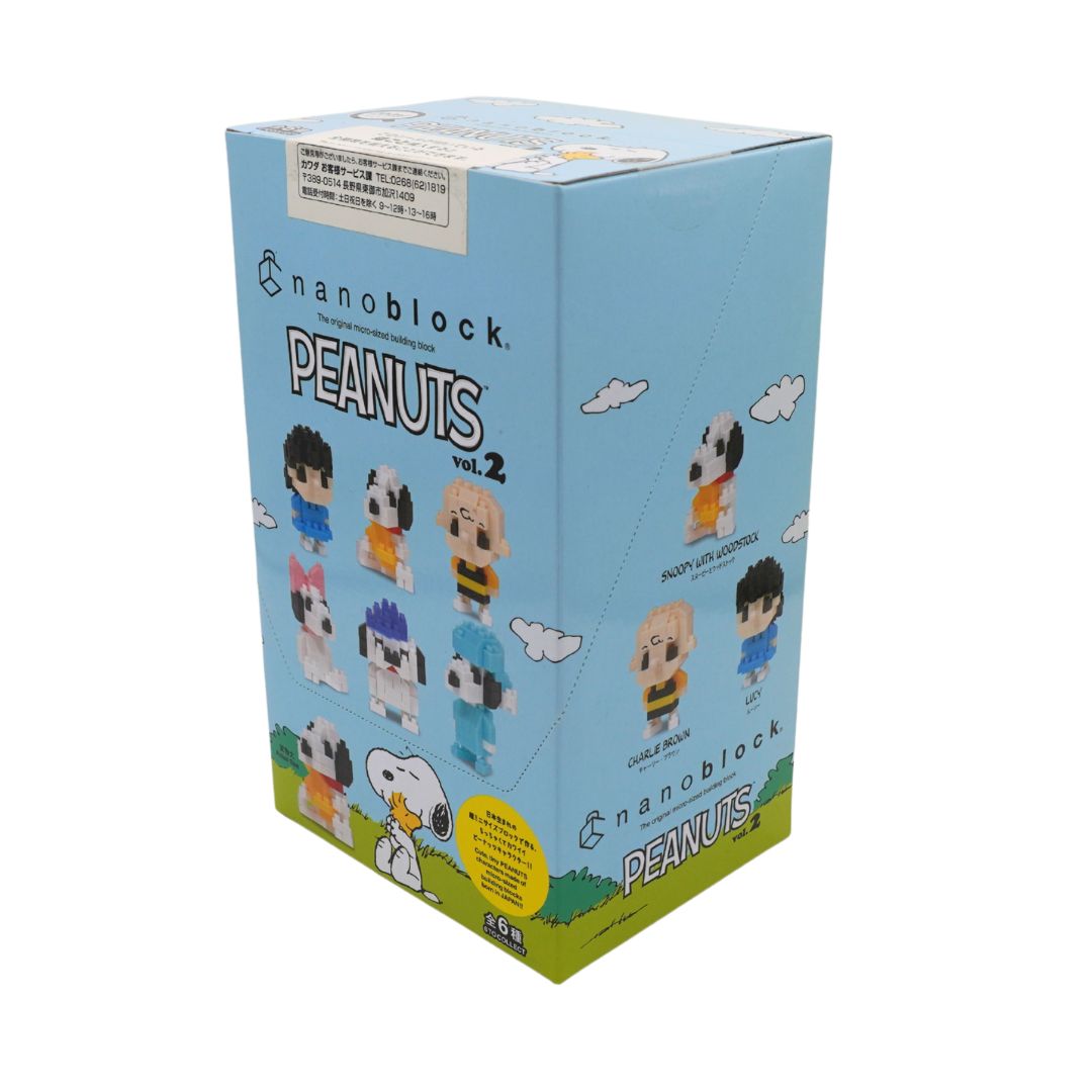 Blue box holding the Nanoblocks Peanuts vol. 2 set, photographed on a white background