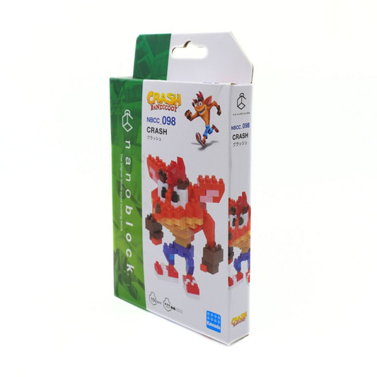 A boxed Crash Bandicoot toy set by NanoBlock, featuring a white and green retail package with printed artwork of Crash and the NamcoBlock logo, photographed on a plain white background.