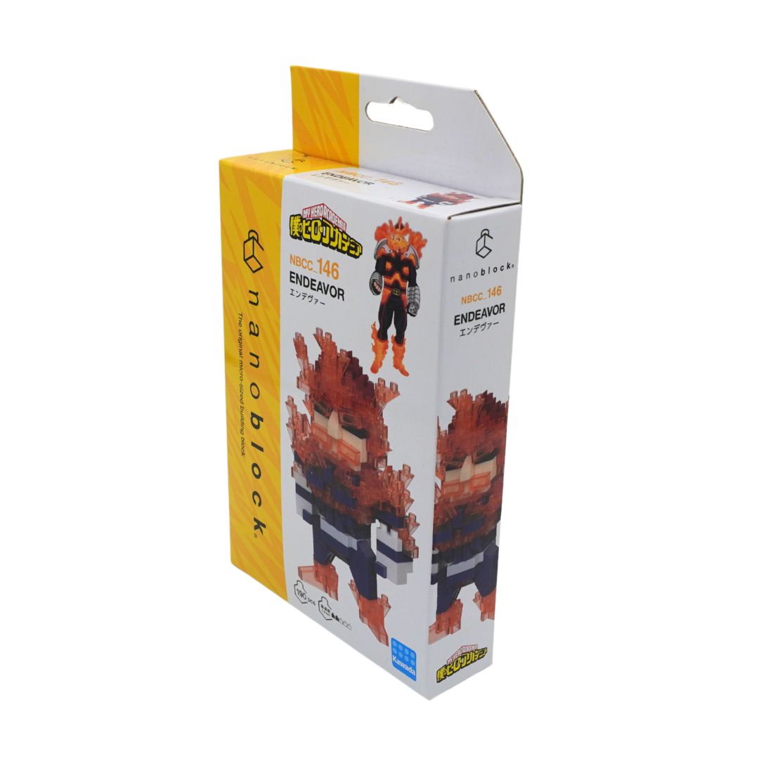Nanoblock figures box for Endeavor (All Might) from My Hero Academia, featuring a white and yellow cardboard packaging with pixelated character illustrations.
