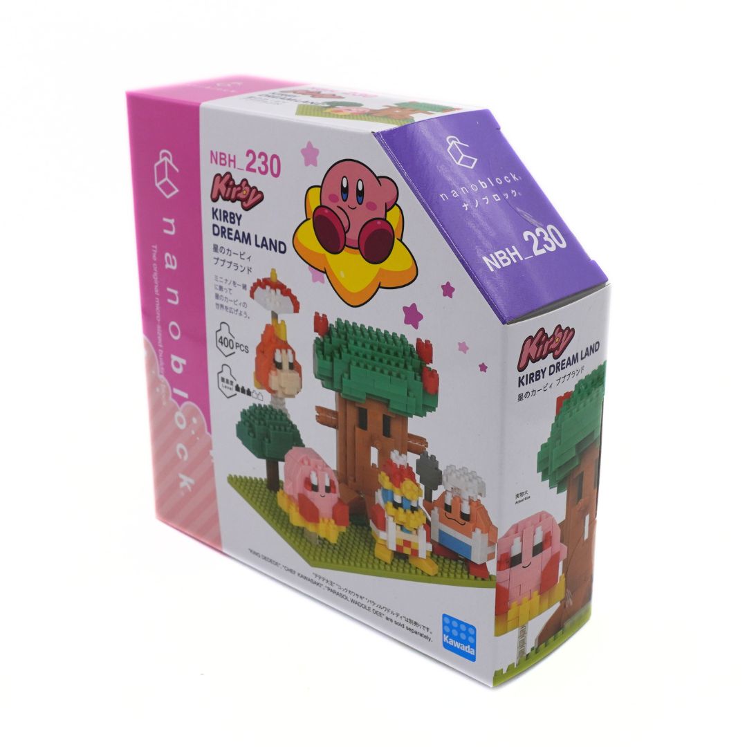 Nanoblocks Kirby Dream Land NBH 230 building block set in its original retail packaging, featuring illustrations of Kirby, Bowser, and other characters on a white box with pink and purple panels.