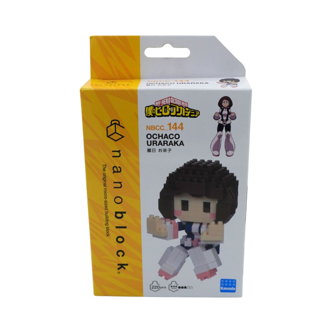 A boxed Nanoblocks figurine of Ochaco Uraraka shown in its original retail packaging against a white background.
