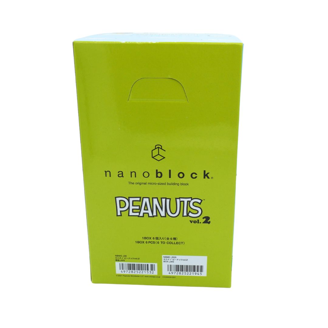 Green box holding the Nanoblocks Peanuts vol. 2 set, photographed on a white background