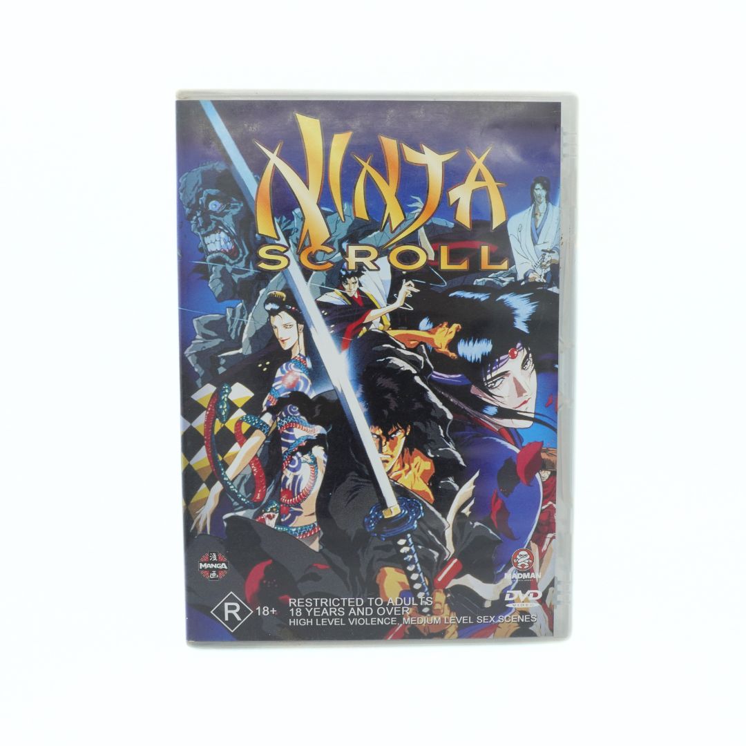 DVD cover of 'Ninja Scroll' with animated characters on a white background