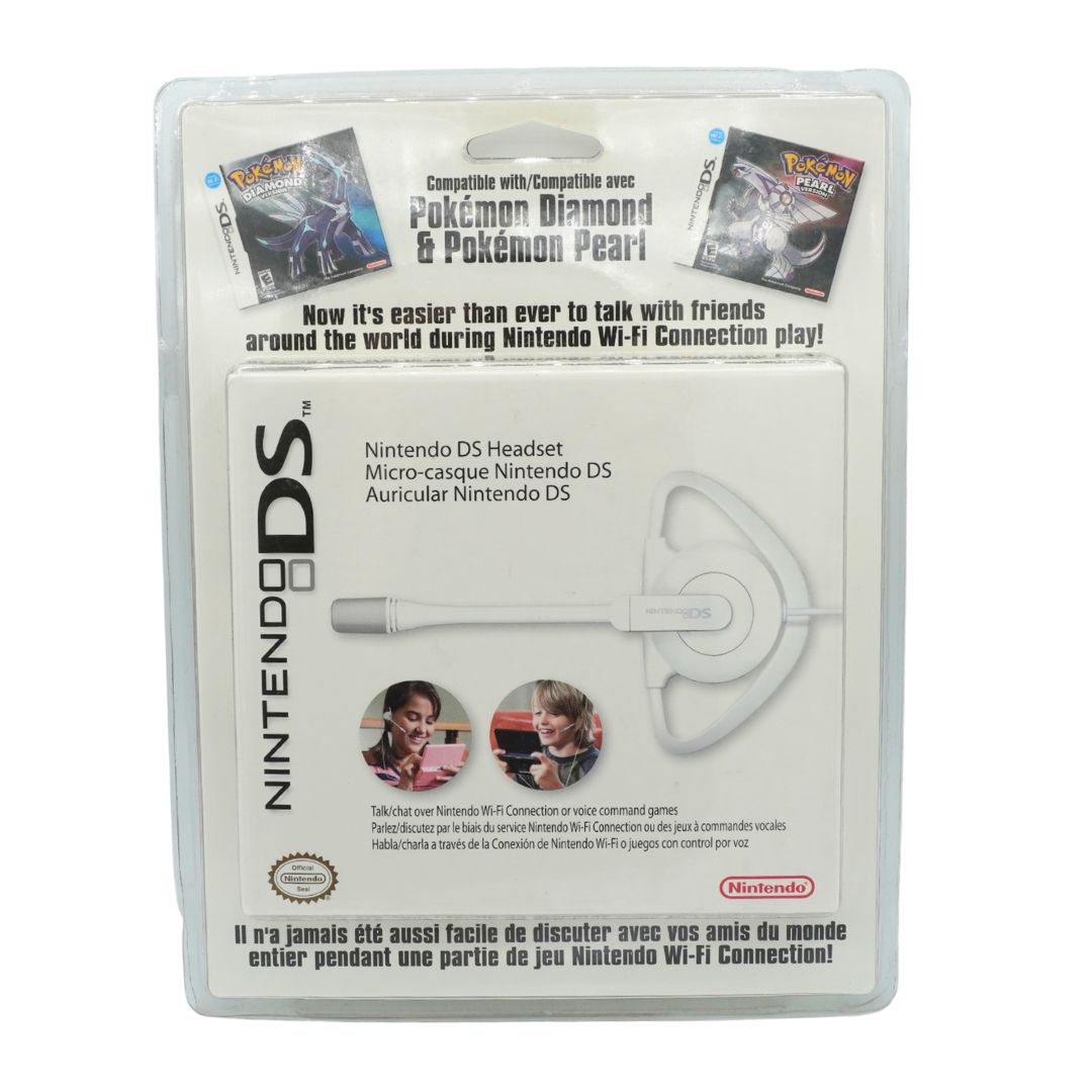 Nintendo DS headset in its original retail packaging, featuring a white earbud-style headset with a clear outer cover and printed product information on the front.