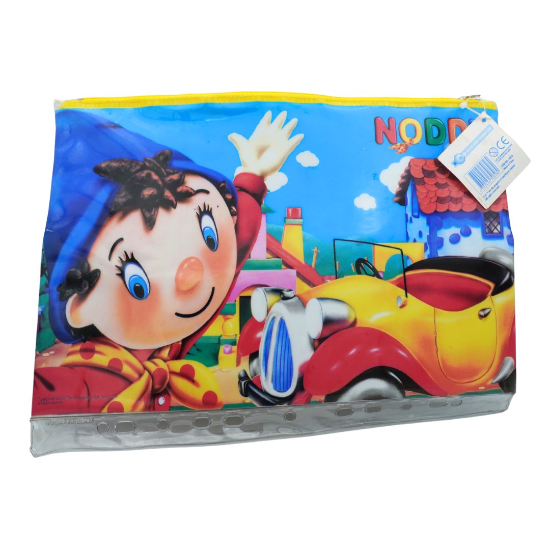 Children's pouch with cartoon character and vehicle design on a blue background