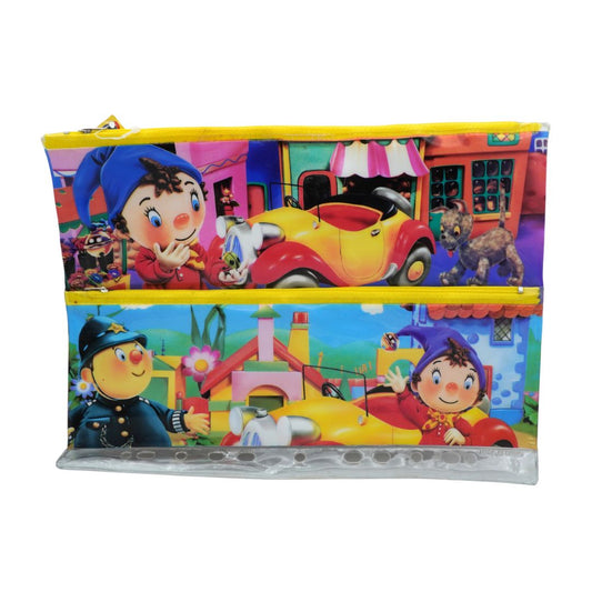 Colorful pouch with cartoon characters and scenes on a white background