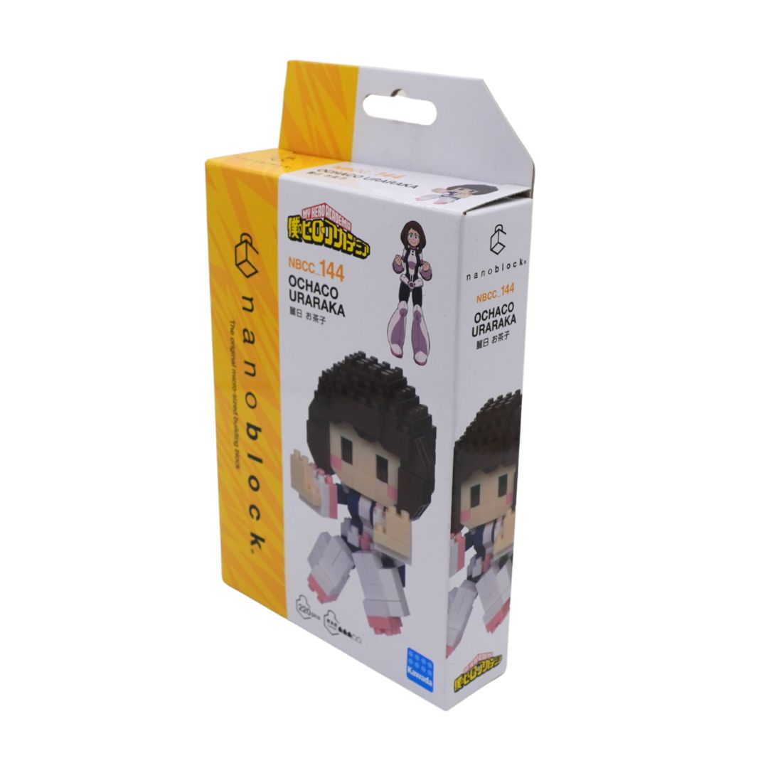 A boxed collectible figure package for nanoblocks, showing the character Ochaco Uraraka. The retail box is white and yellow with printed character graphics and product details, photographed on a plain white background.