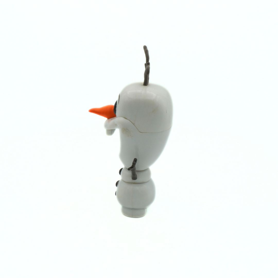 Small snowman figurine with an orange carrot nose on a white background