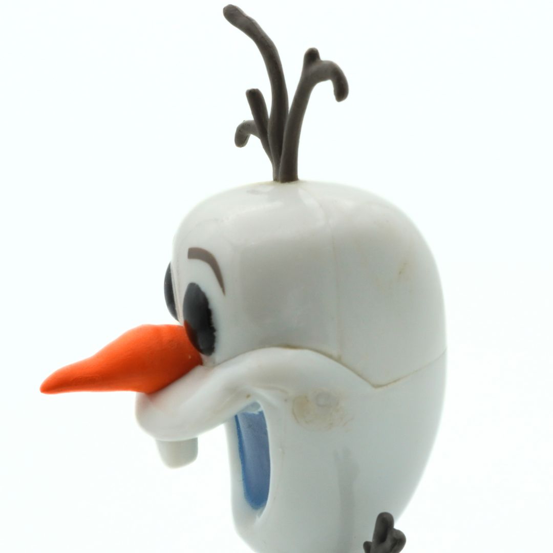 Animated character with a white face, orange beak, and black hair on a white background