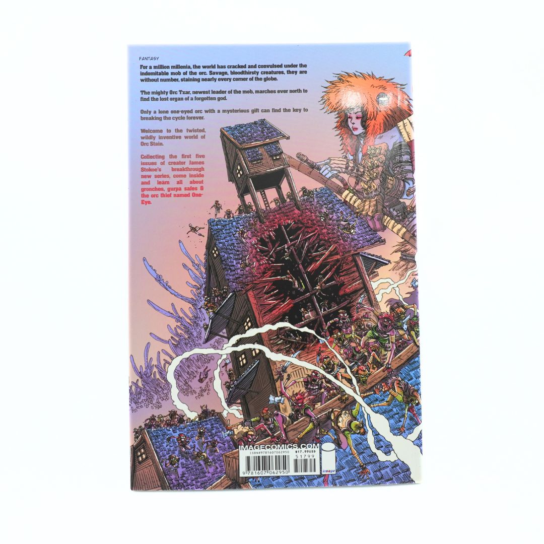 The back cover of the comic book Orc Stain, featuring a highly detailed fantasy illustration of a giant creature with orange hair and a house engulfed in red and blue flames, with a white logo for 'Image Comics' at the bottom.