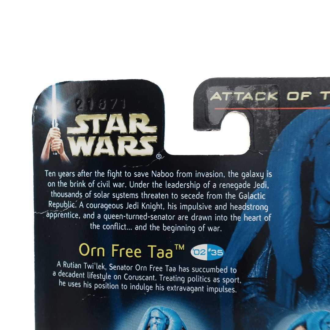 Description on the cardback of the Orn Free Taa figurine, describing the story of Attack of the Clones and the character of Orn Free Taa