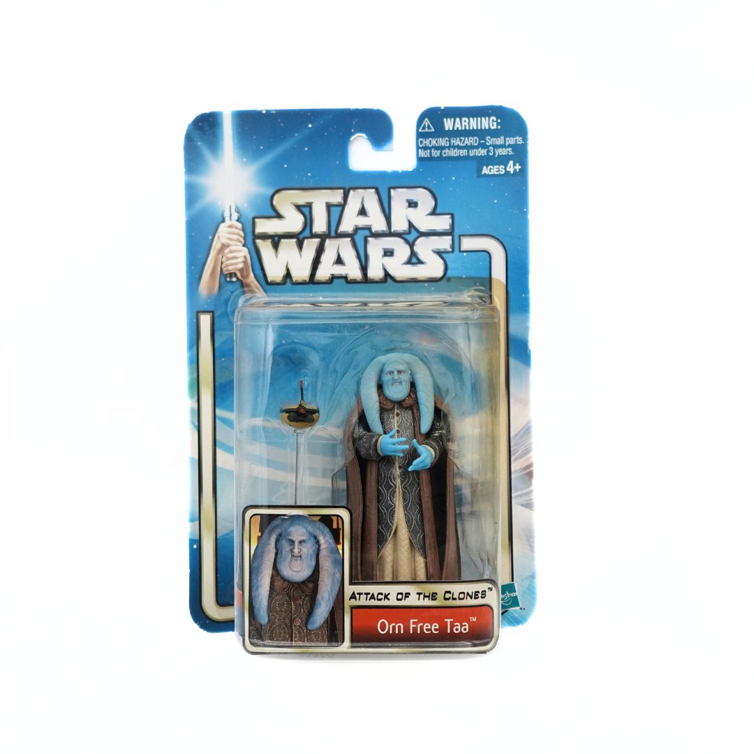 2002 blue Orn Free Taa figurine from the Star Wars Attack of the Clones movie in its packaging on a blue cardback