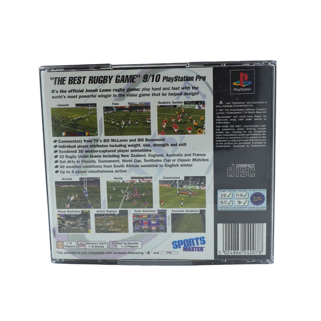 Back cover of a Playstation game called Jonah Lomu Rugby featuring a rugby game on a white background.