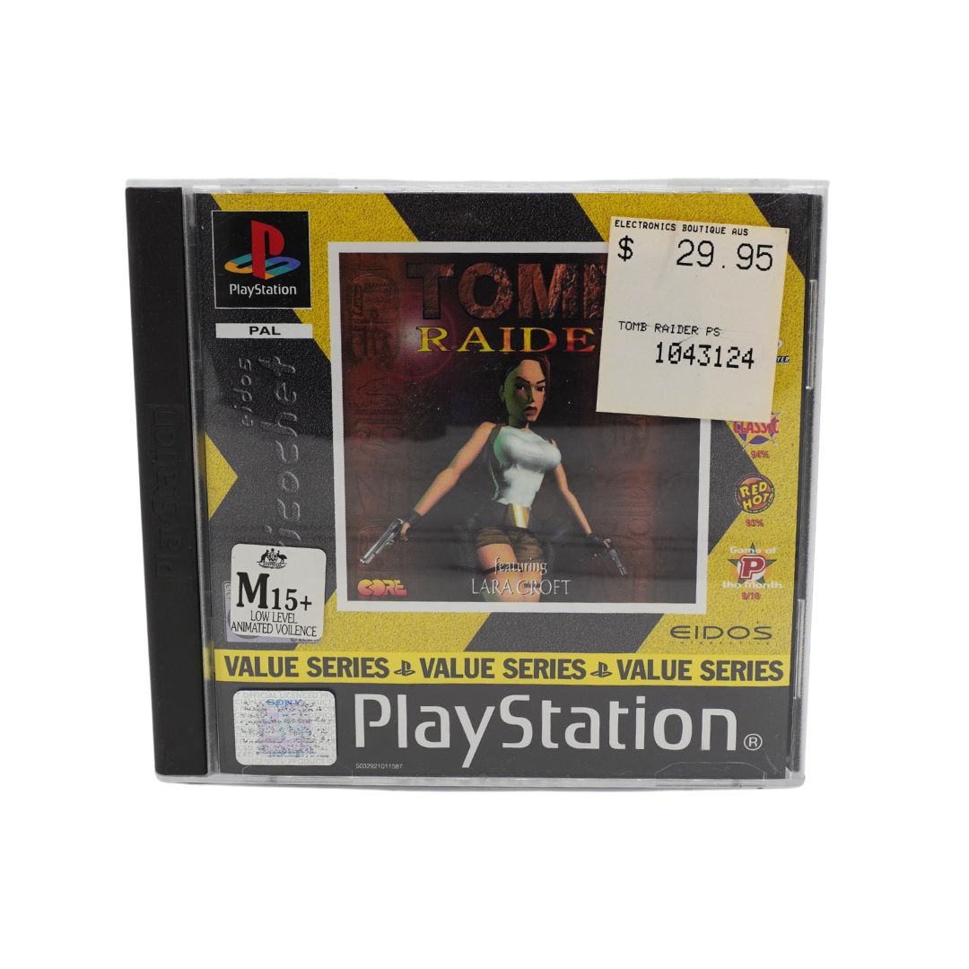Yellow and black case for the Playstation game Tomb Raider, photographed on a white background