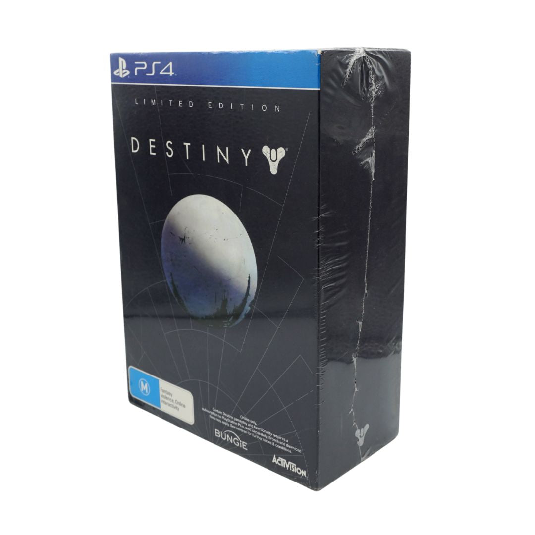 PS4 Destiny Limited Edition game box in its original shrink wrap, featuring the PS4 logo, Destiny title, and a large moon graphic on a clean white background.