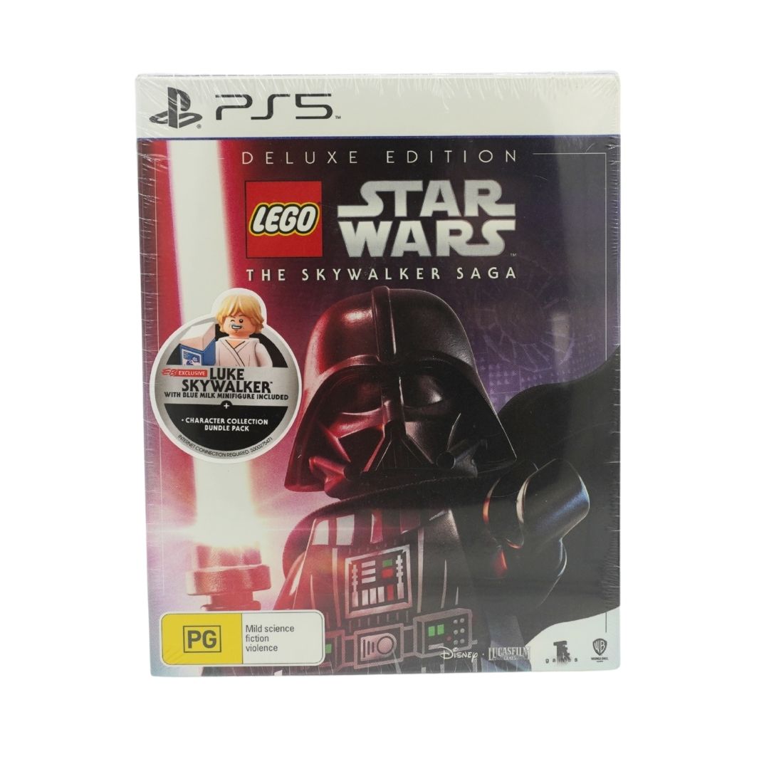 PS5 LEGO Star Wars: The Skywalker Saga Deluxe Edition game case, featuring Darth Vader and a Luke Skywalker character badge on the front cover.