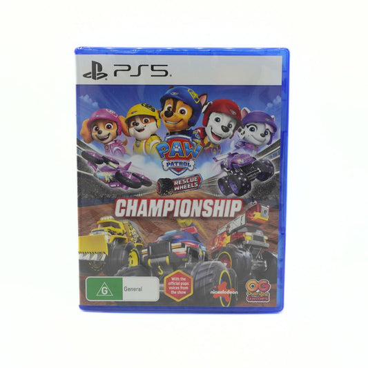 PS5 PlayStation 5 game case for Paw Patrol Rescue Wheels Championship, featuring colorful character artwork and monster trucks on the cover.
