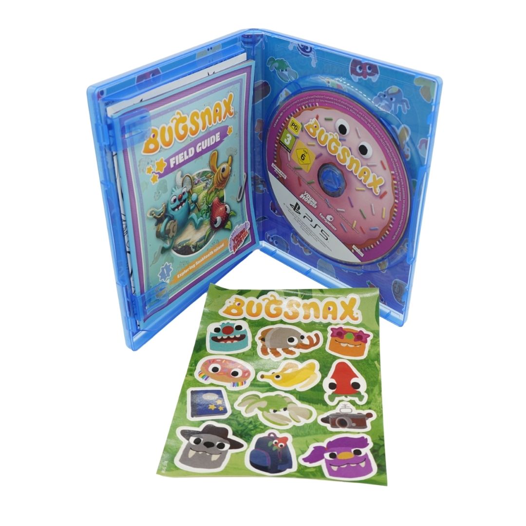 A Bugsnax video game package shown open in a blue plastic case with a game disc inside, plus a separate sheet of character stickers placed in front, all on a plain white background.