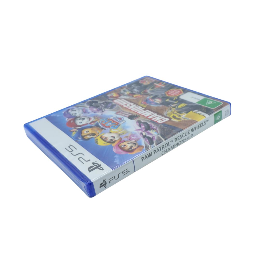 PS5 game case for Paw Patrol: Rescue Wheels Championship, featuring colorful character artwork on the cover and PlayStation branding on a white background.