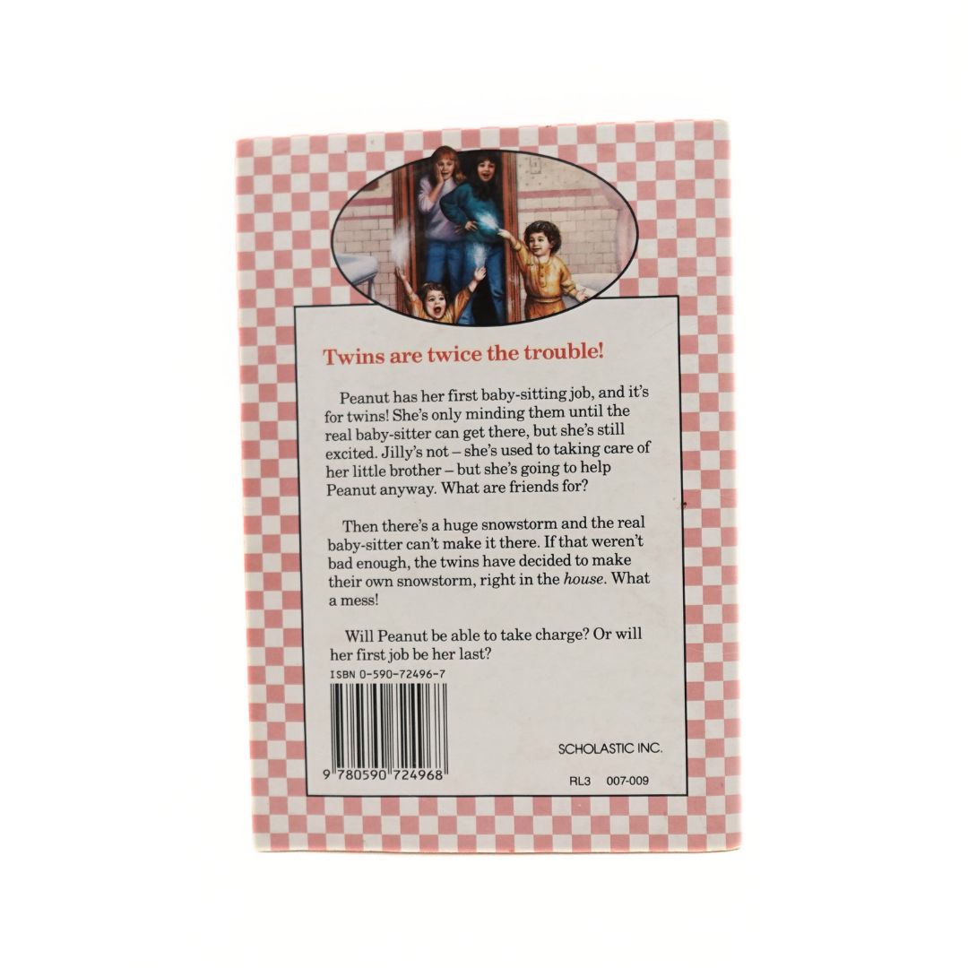 Photo of the back cover of the 1989 paperback, Peanut Butter and Jelly #6 Peanut in Charge, by Dorothy Haas describing the plot of the book