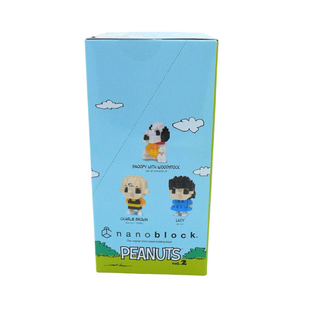Blue box holding the Nanoblocks Peanuts vol. 2 set, photographed on a white background