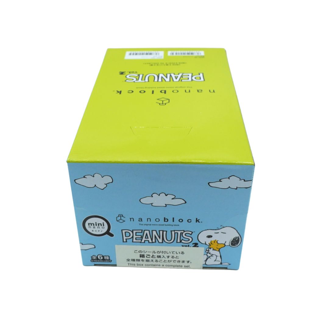 Blue box holding the Nanoblocks Peanuts vol. 2 set, photographed on a white background