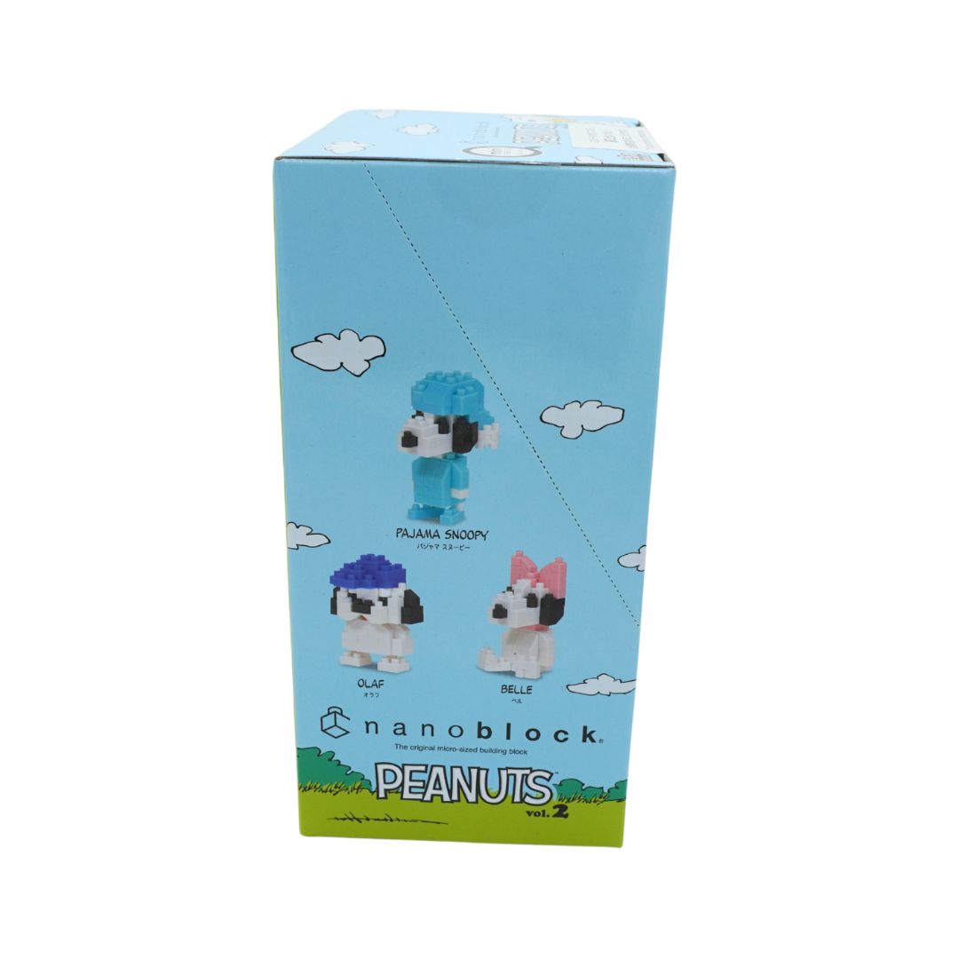 Blue box holding the Nanoblocks Peanuts vol. 2 set, photographed on a white background