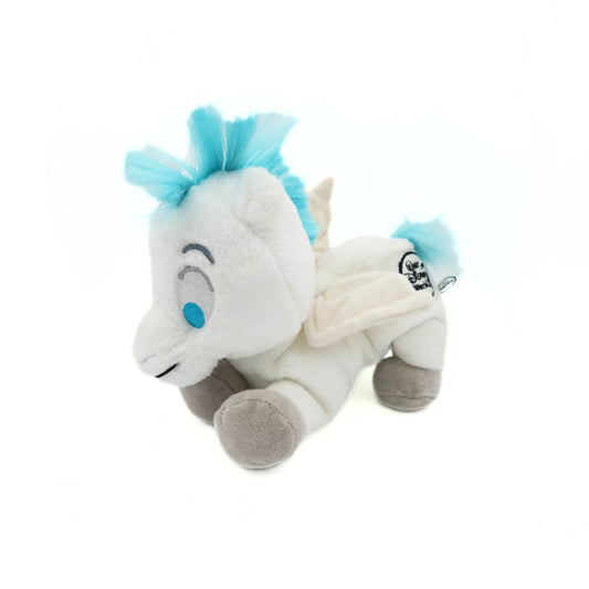 Photo of a Disney Pegasus plush from the film Hercules with blue hair and eyes and grey hooves