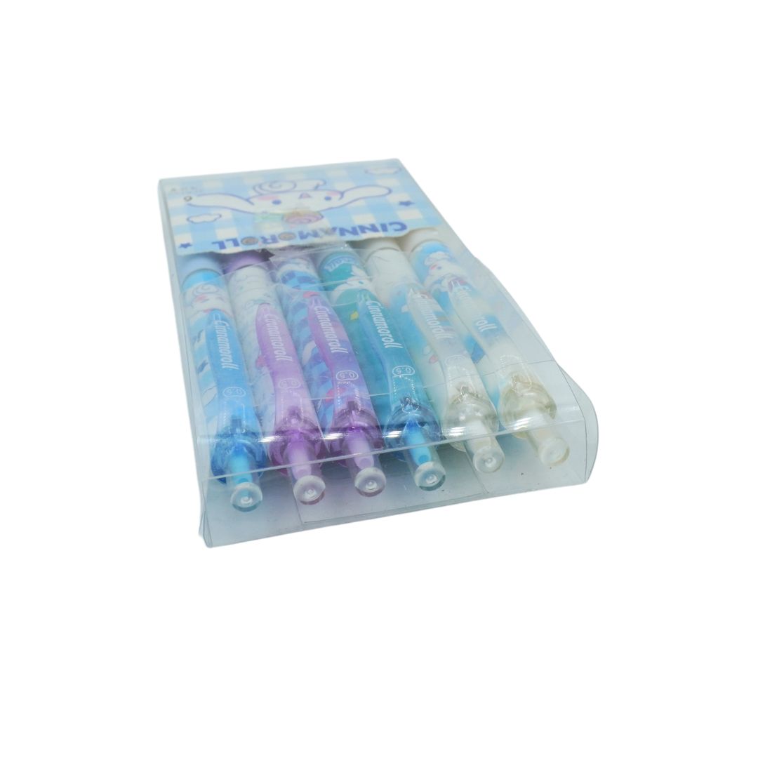 A set of six gel pens in a clear plastic blister pack, featuring pastel shades of blue, purple, and white, with a cartoon character illustration on the header card.