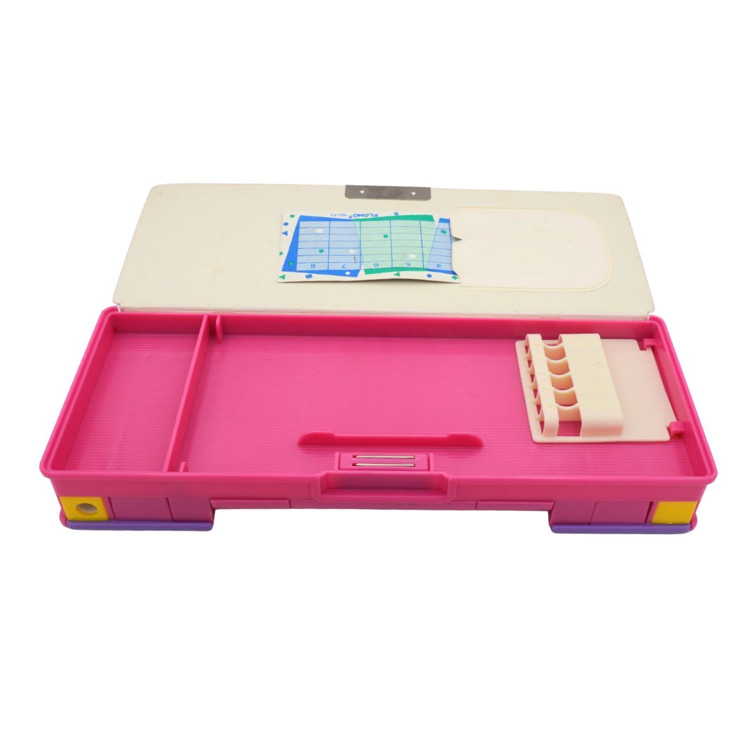 Pink and beige pencil case with a whiteboard and chart on a white background