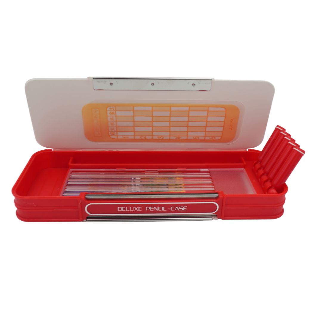 Inside of a Deluxe Mickey Mouse Pencil Case showing the schedule paper and the pen holders