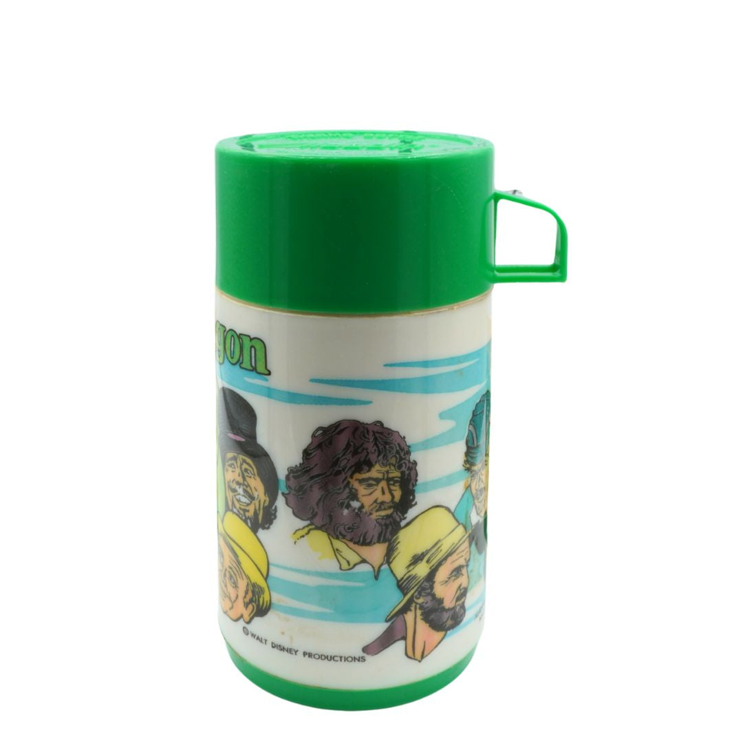 Thermos with green lid featuring illustrations of people on a white background