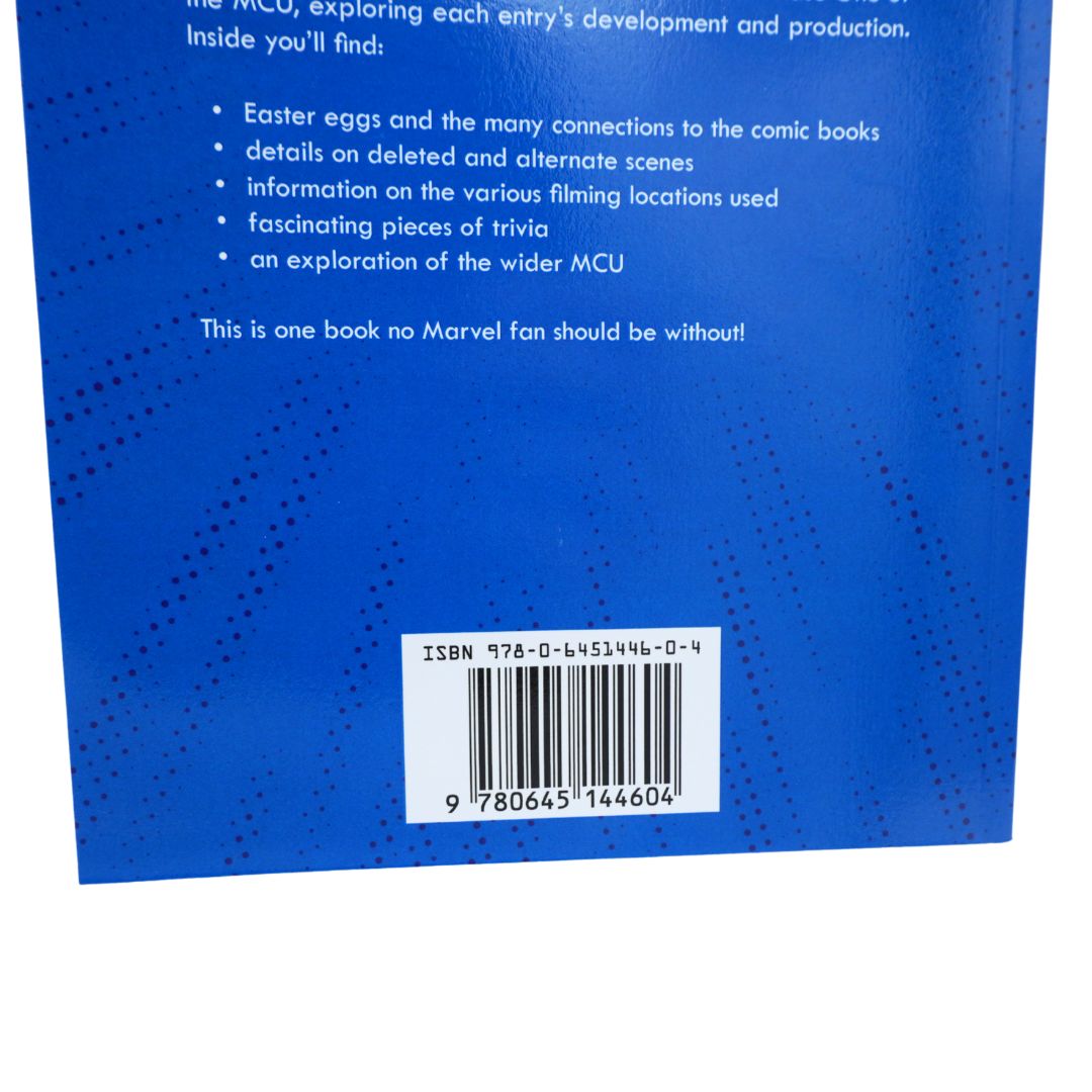 Back cover of a blue book showing white text, a barcode with ISBN 978-0-6451446-0, and a blurb about Marvel's MCU.