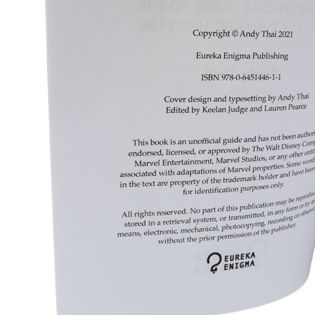A close-up of a white printed page with copyright and publisher text for Eureka Enigma Publishing, including ISBN 978-0-6451446-1-1 and the Eureka Enigma logo at the bottom.