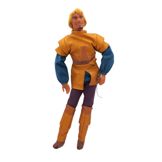Action figure in a yellow and blue outfit on a white background