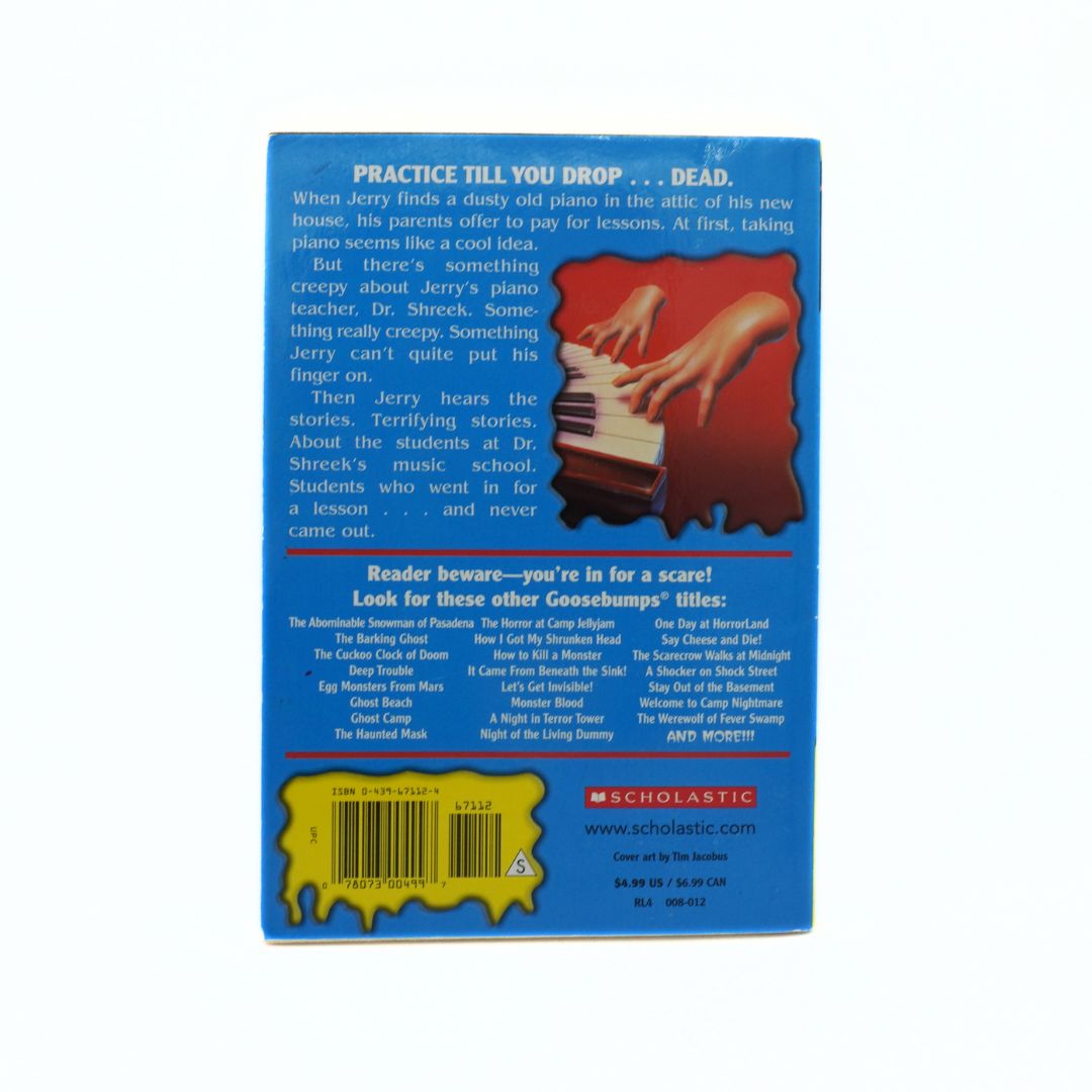 Back cover of a 90s vintage paperback Goosebumps book with a blue colour palette