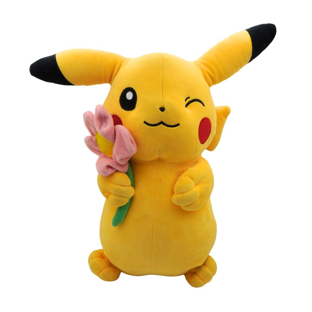 Plush toy resembling Pikachu from Pokémon holding a pink flower on a white background