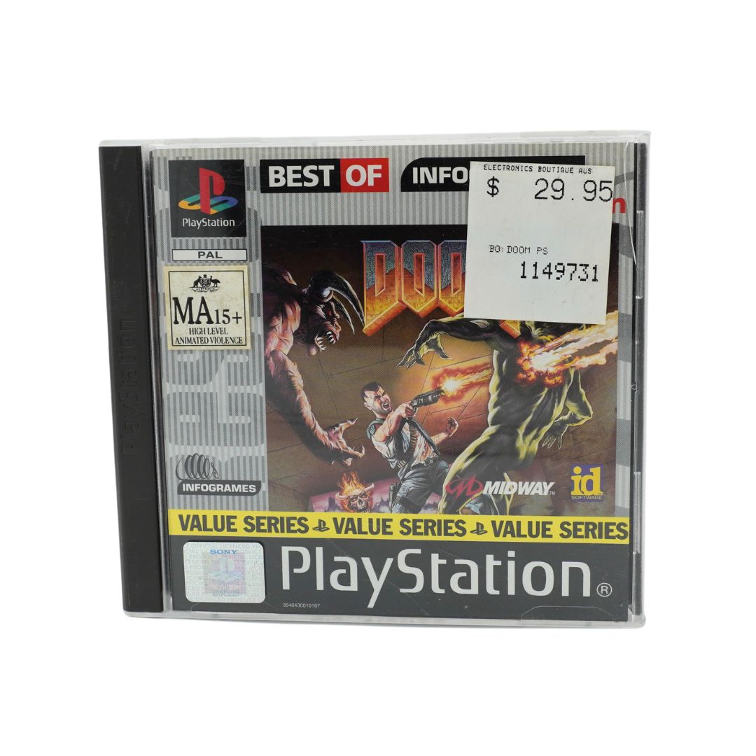 Front cover of a vintage Playstation game of Doom, photographed against a white background