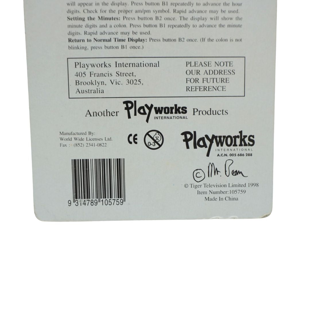 The back of a Playworks International product card or manual page, featuring printed instructions, address information, a barcode, and logos for Playworks and Tiger Television.