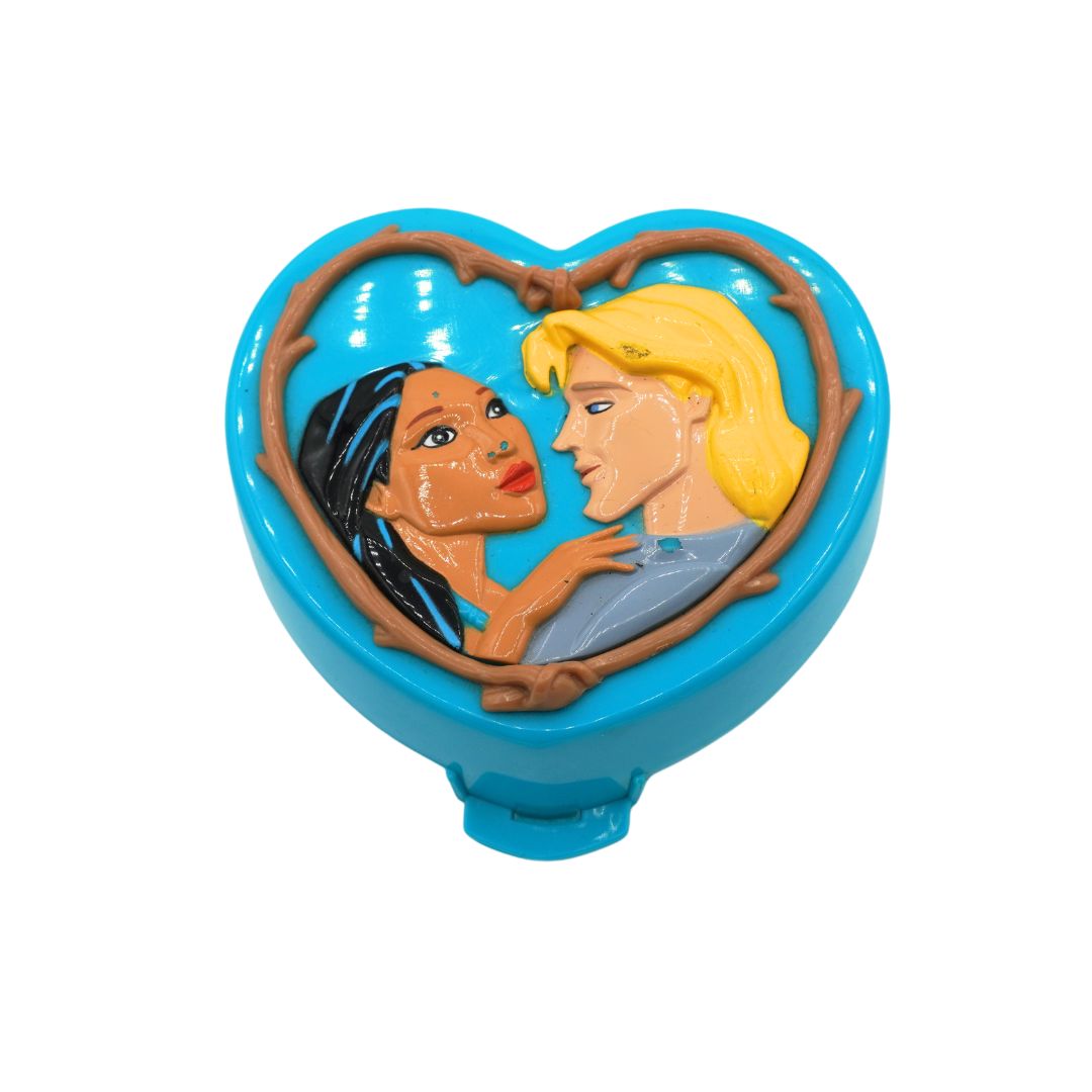 A blue heart shaped playset featuring Pocahontas and John Smith