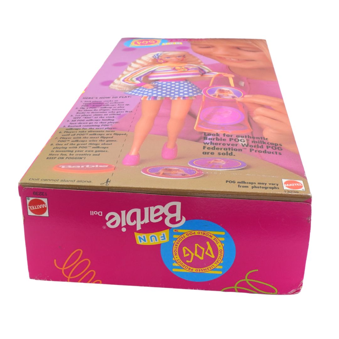Barbie toy box with a pink and brown design featuring a Barbie doll on a white background.