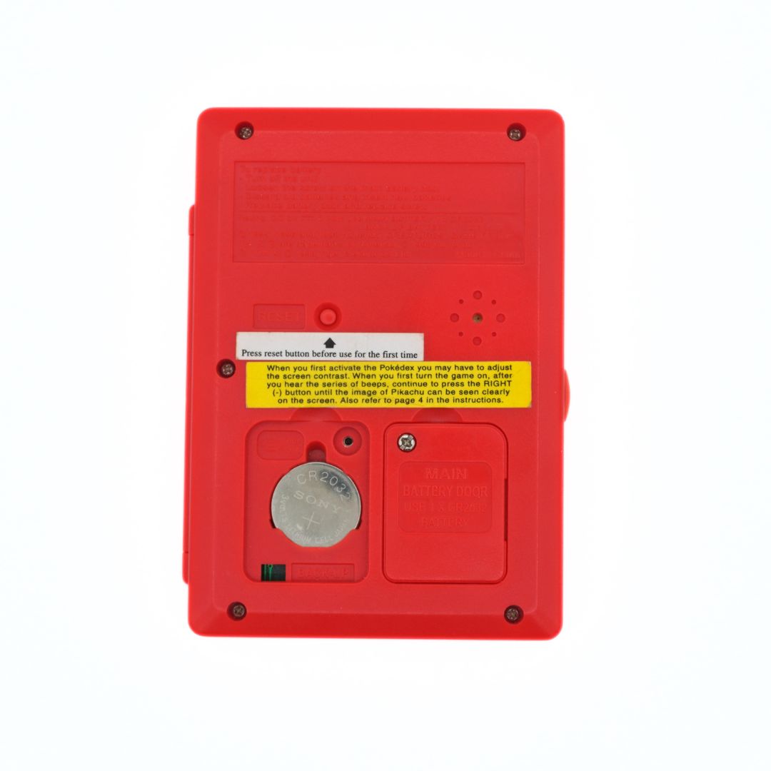 Red electronic device with a label on a white background